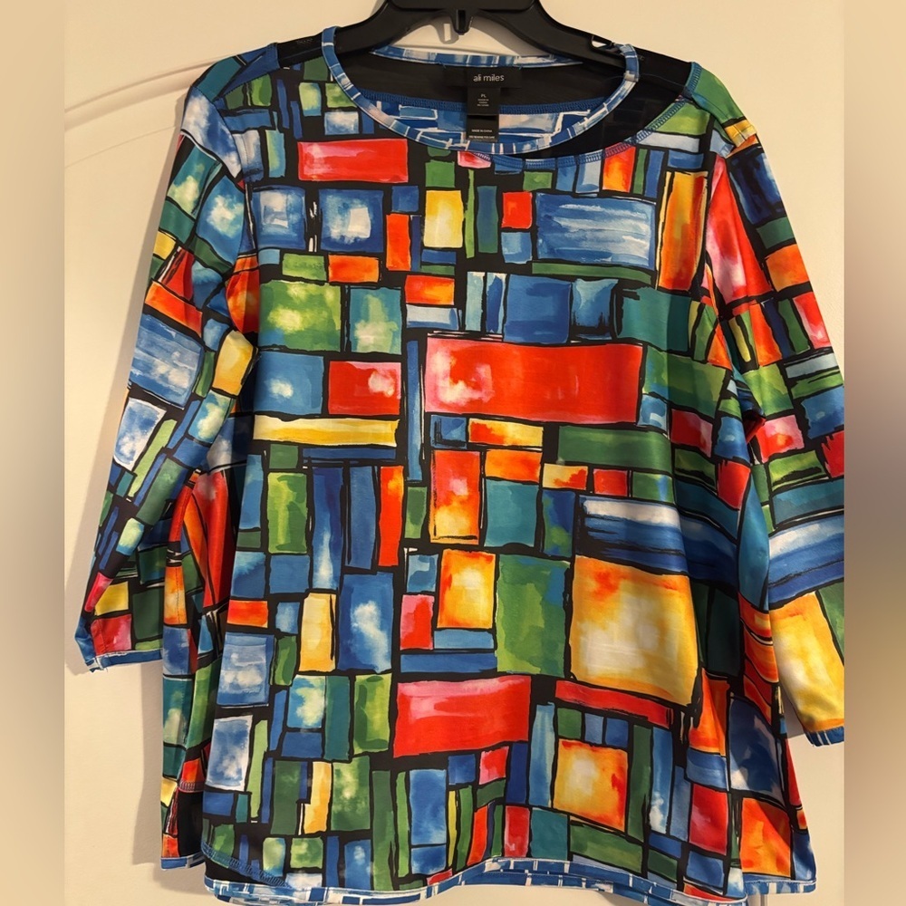 NWT Ali Miles Reversible Tunic Blouse Top Petite LARGE Geometric Colorful